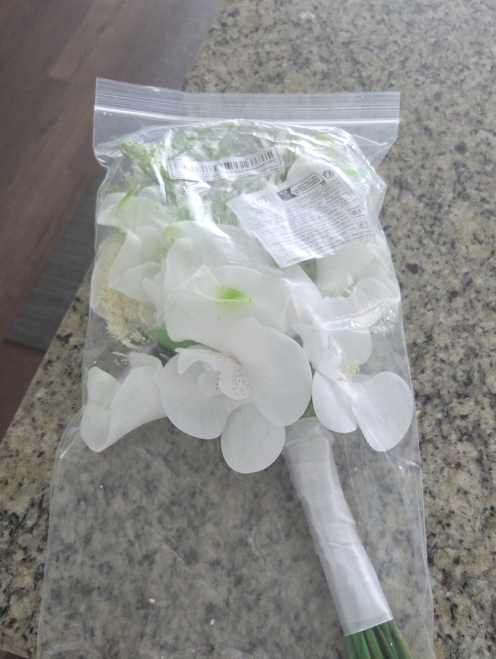 White Faux Orchid Bouquet with Ribboned Stem
